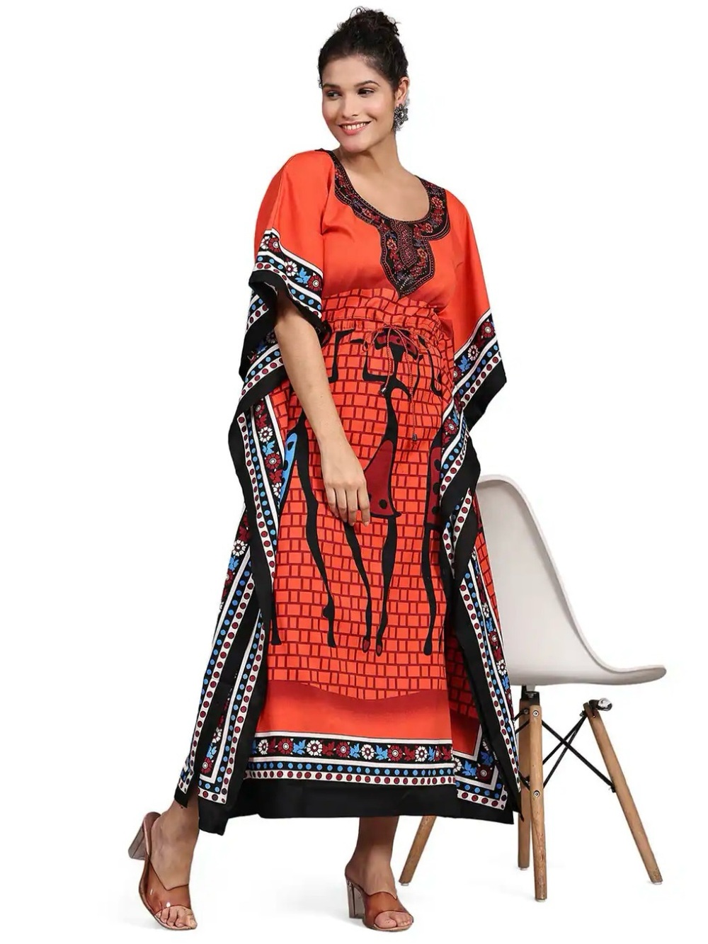 Women's Orange Ethnic-Print Maxi Dress with Drawstring Waist
